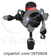 Poster, Art Print Of Cyborg Containing Round Head And Horizontal Red Visor And Heavy Upper Chest And Chest Blue Energy Core And Blue Strip Lights And Unicycle Wheel Dirty Black Arm Out Holding Invisible Object