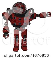 Mech Containing Oval Wide Head And Barbed Wire Cage Helmet And Heavy Upper Chest And Chest Energy Sockets And Prototype Exoplate Legs Matted Red Pointing Left Or Pushing A Button
