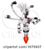 Poster, Art Print Of Cyborg Containing Humanoid Face Mask And Two-Face Black White Mask And Light Chest Exoshielding And Red Energy Core And Blue-Eye Cam Cable Tentacles And Jet Propulsion White Halftone Toon