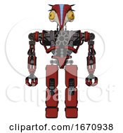 Poster, Art Print Of Automaton Containing Bird Skull Head And Brass Steampunk Eyes And Head Shield Design And Heavy Upper Chest And No Chest Plating And Prototype Exoplate Legs Cherry Tomato Red Front View