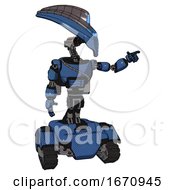 Poster, Art Print Of Bot Containing Flat Elongated Skull Head And Visor And Light Chest Exoshielding And Cable Sash And Rocket Pack And Tank Tracks Blue Halftone Pointing Left Or Pushing A Button
