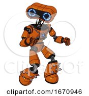 Poster, Art Print Of Cyborg Containing Dual Retro Camera Head And Retro 80s Head And Light Chest Exoshielding And Blue Energy Core And Light Leg Exoshielding And Spike Foot Mod Secondary Orange Halftone