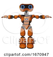 Poster, Art Print Of Cyborg Containing Dual Retro Camera Head And Retro 80s Head And Light Chest Exoshielding And Blue Energy Core And Light Leg Exoshielding And Spike Foot Mod Secondary Orange Halftone T-Pose