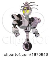 Poster, Art Print Of Automaton Containing Grey Alien Style Head And Yellow Eyes And Eyeball Creature Crown And Heavy Upper Chest And Heavy Mech Chest And Unicycle Wheel Sketch Pad Hero Pose