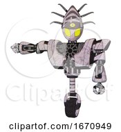 Poster, Art Print Of Automaton Containing Grey Alien Style Head And Yellow Eyes And Eyeball Creature Crown And Heavy Upper Chest And Heavy Mech Chest And Unicycle Wheel Sketch Pad Arm Out Holding Invisible Object
