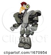Poster, Art Print Of Cyborg Containing Bird Skull Head And Green Eyes And Chicken Design And Heavy Upper Chest And Heavy Mech Chest And Light Leg Exoshielding Concrete Grey Metal Facing Right View