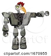 Poster, Art Print Of Cyborg Containing Bird Skull Head And Green Eyes And Chicken Design And Heavy Upper Chest And Heavy Mech Chest And Light Leg Exoshielding Concrete Grey Metal Pointing Left Or Pushing A Button