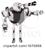 Poster, Art Print Of Mech Containing Grey Alien Style Head And Black Eyes And Bug Antennas And Heavy Upper Chest And Chest Vents And Ultralight Foot Exosuit White Halftone Toon Pointing Left Or Pushing A Button