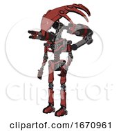 Poster, Art Print Of Mech Containing Flat Elongated Skull Head And Light Chest Exoshielding And Minigun Back Assembly And No Chest Plating And Ultralight Foot Exosuit Light Brick Red Facing Right View