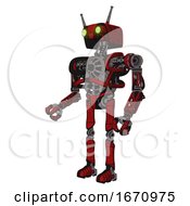 Poster, Art Print Of Robot Containing Dual Retro Camera Head And Cyborg Antenna Head And Heavy Upper Chest And No Chest Plating And Ultralight Foot Exosuit Red Blood Grunge Material Facing Right View