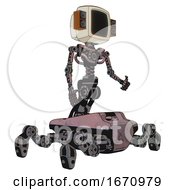 Poster, Art Print Of Cyborg Containing Old Computer Monitor And Old Retro Speakers And Light Chest Exoshielding And No Chest Plating And Insect Walker Legs Grayish Pink Facing Left View
