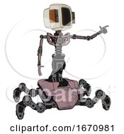 Poster, Art Print Of Cyborg Containing Old Computer Monitor And Old Retro Speakers And Light Chest Exoshielding And No Chest Plating And Insect Walker Legs Grayish Pink Pointing Left Or Pushing A Button
