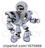 Poster, Art Print Of Bot Containing Round Head Chomper Design And Heavy Upper Chest And Heavy Mech Chest And Light Leg Exoshielding And Spike Foot Mod Blue Tint Toon Fight Or Defense Pose
