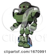 Poster, Art Print Of Robot Containing Oval Wide Head And Small Red Led Eyes And Barbed Wire Cage Helmet And Heavy Upper Chest And Light Leg Exoshielding And Megneto-Hovers Foot Mod Grass Green Facing Right View