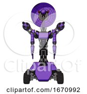 Poster, Art Print Of Bot Containing Dual Retro Camera Head And Satellite Dish Head And Light Chest Exoshielding And Ultralight Chest Exosuit And Minigun Back Assembly And Six-Wheeler Base Secondary Purple Halftone