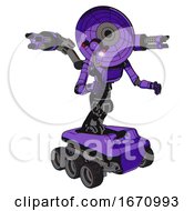 Poster, Art Print Of Bot Containing Dual Retro Camera Head And Satellite Dish Head And Light Chest Exoshielding And Ultralight Chest Exosuit And Minigun Back Assembly And Six-Wheeler Base Secondary Purple Halftone
