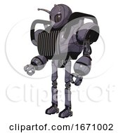 Poster, Art Print Of Robot Containing Grey Alien Style Head And Metal Grate Eyes And Bug Antennas And Heavy Upper Chest And Chest Vents And Ultralight Foot Exosuit Light Lavender Metal Facing Right View