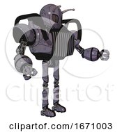 Poster, Art Print Of Robot Containing Grey Alien Style Head And Metal Grate Eyes And Bug Antennas And Heavy Upper Chest And Chest Vents And Ultralight Foot Exosuit Light Lavender Metal Interacting