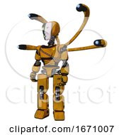 Poster, Art Print Of Mech Containing Humanoid Face Mask And Two-Face Black White Mask And Light Chest Exoshielding And Cable Sash And Blue-Eye Cam Cable Tentacles And Prototype Exoplate Legs Worn Construction Yellow