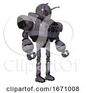 Poster, Art Print Of Droid Containing Grey Alien Style Head And Metal Grate Eyes And Bug Antennas And Heavy Upper Chest And Chest Compound Eyes And Ultralight Foot Exosuit Light Lavender Metal Facing Left View