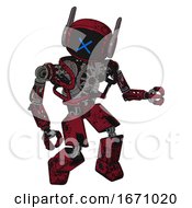 Poster, Art Print Of Robot Containing Digital Display Head And X Face And Winglets And Heavy Upper Chest And No Chest Plating And Prototype Exoplate Legs Grunge Dots Royal Red Fight Or Defense Pose