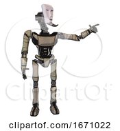Poster, Art Print Of Automaton Containing Humanoid Face Mask And Light Chest Exoshielding And Ultralight Chest Exosuit And Ultralight Foot Exosuit Grungy Fiberglass Pointing Left Or Pushing A Button