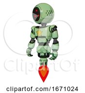 Poster, Art Print Of Mech Containing Three Led Eyes Round Head And Light Chest Exoshielding And Yellow Star And Jet Propulsion Green Tint Toon Standing Looking Right Restful Pose