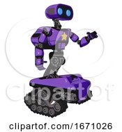 Poster, Art Print Of Droid Containing Dual Retro Camera Head And Cute Retro Robo Head And Light Chest Exoshielding And Yellow Star And Rocket Pack And Tank Tracks Secondary Purple Halftone Interacting