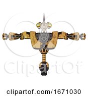 Poster, Art Print Of Bot Containing Bird Skull Head And Big Yellow Eyes And Heavy Upper Chest And Heavy Mech Chest And Unicycle Wheel Construction Yellow Halftone T-Pose