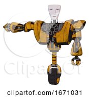 Poster, Art Print Of Droid Containing Humanoid Face Mask And Heavy Upper Chest And Heavy Mech Chest And Unicycle Wheel Worn Construction Yellow Arm Out Holding Invisible Object