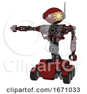 Android Containing Oval Wide Head And Sunshine Patch Eye And Retro Antenna With Light And Heavy Upper Chest And No Chest Plating And Six Wheeler Base Matted Red Arm Out Holding Invisible Object