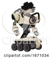Poster, Art Print Of Android Containing Bird Skull Head And White Eyeballs And Crow Feather Design And Heavy Upper Chest And Chest Energy Gun And Six-Wheeler Base Off White Toon Hero Pose