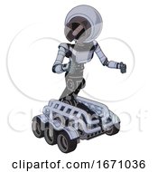 Poster, Art Print Of Bot Containing Cable Connector Head And Light Chest Exoshielding And Ultralight Chest Exosuit And Six-Wheeler Base Blue Tint Toon Fight Or Defense Pose
