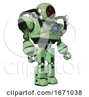 Mech Containing Three Led Eyes Round Head And Heavy Upper Chest And Chest Blue Energy Core And Shoulder Headlights And Prototype Exoplate Legs Green Tint Toon Facing Left View