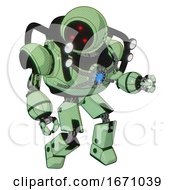Poster, Art Print Of Mech Containing Three Led Eyes Round Head And Heavy Upper Chest And Chest Blue Energy Core And Shoulder Headlights And Prototype Exoplate Legs Green Tint Toon Fight Or Defense Pose
