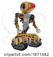 Poster, Art Print Of Robot Containing Round Head And Red Laser Crystal Array And Heavy Upper Chest And No Chest Plating And Tank Tracks Construction Yellow Halftone Facing Left View