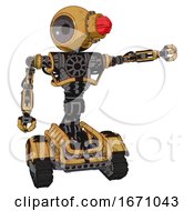 Poster, Art Print Of Robot Containing Round Head And Red Laser Crystal Array And Heavy Upper Chest And No Chest Plating And Tank Tracks Construction Yellow Halftone Pointing Left Or Pushing A Button