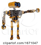 Android Containing Dual Retro Camera Head And Retro 80s Head And Heavy Upper Chest And No Chest Plating And Ultralight Foot Exosuit Primary Yellow Halftone Pointing Left Or Pushing A Button