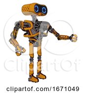 Poster, Art Print Of Android Containing Dual Retro Camera Head And Retro 80s Head And Heavy Upper Chest And No Chest Plating And Ultralight Foot Exosuit Primary Yellow Halftone Interacting