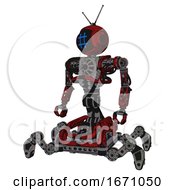 Poster, Art Print Of Cyborg Containing Digital Display Head And Hashtag Face And Retro Antennas And Heavy Upper Chest And No Chest Plating And Insect Walker Legs Grunge Dots Dark Red Standing Looking Right Restful Pose