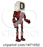 Poster, Art Print Of Automaton Containing Old Computer Monitor And Please Stand By Pixel Design And Light Chest Exoshielding And Chest Valve Crank And Ultralight Foot Exosuit Grunge Dots Cherry Tomato Red