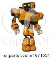 Poster, Art Print Of Bot Containing Dual Retro Camera Head And Retro Tech Device Head And Heavy Upper Chest And Circle Of Blue Leds And Light Leg Exoshielding Primary Yellow Halftone Hero Pose