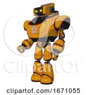 Poster, Art Print Of Bot Containing Dual Retro Camera Head And Retro Tech Device Head And Heavy Upper Chest And Circle Of Blue Leds And Light Leg Exoshielding Primary Yellow Halftone Facing Right View