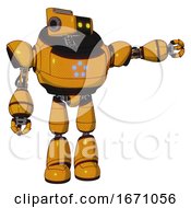 Poster, Art Print Of Bot Containing Dual Retro Camera Head And Retro Tech Device Head And Heavy Upper Chest And Circle Of Blue Leds And Light Leg Exoshielding Primary Yellow Halftone Pointing Left Or Pushing A Button