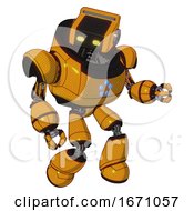 Poster, Art Print Of Bot Containing Dual Retro Camera Head And Retro Tech Device Head And Heavy Upper Chest And Circle Of Blue Leds And Light Leg Exoshielding Primary Yellow Halftone Fight Or Defense Pose