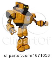 Poster, Art Print Of Bot Containing Dual Retro Camera Head And Retro Tech Device Head And Heavy Upper Chest And Circle Of Blue Leds And Light Leg Exoshielding Primary Yellow Halftone Interacting