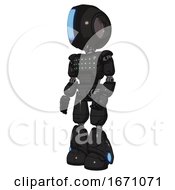 Poster, Art Print Of Cyborg Containing Round Head And Large Vertical Visor And Light Chest Exoshielding And Chest Green Blue Lights Array And Light Leg Exoshielding Toon Black Scribbles Sketch Facing Right View