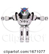 Poster, Art Print Of Mech Containing Grey Alien Style Head And Green Demon Eyes And Red V And Blue Helmet And Heavy Upper Chest And Chest Compound Eyes And Prototype Exoplate Legs White Halftone Toon T-Pose
