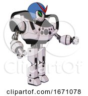 Poster, Art Print Of Mech Containing Grey Alien Style Head And Green Demon Eyes And Red V And Blue Helmet And Heavy Upper Chest And Chest Compound Eyes And Prototype Exoplate Legs White Halftone Toon Interacting