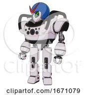 Poster, Art Print Of Mech Containing Grey Alien Style Head And Green Demon Eyes And Red V And Blue Helmet And Heavy Upper Chest And Chest Compound Eyes And Prototype Exoplate Legs White Halftone Toon